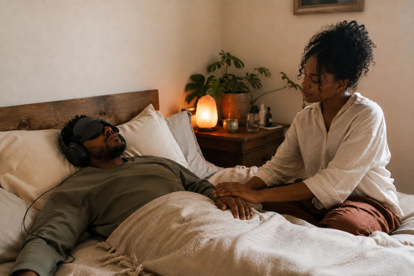 A person resting in their own bed with eyeshades and headphones during a session, a calm companion beside them, a hand resting on theirs